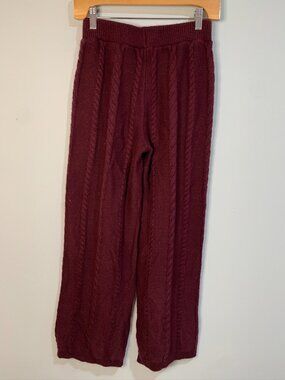 Women’s Burgundy Cable Knit Sweater Pants Wide Leg Cozy Lounge Knit Pants